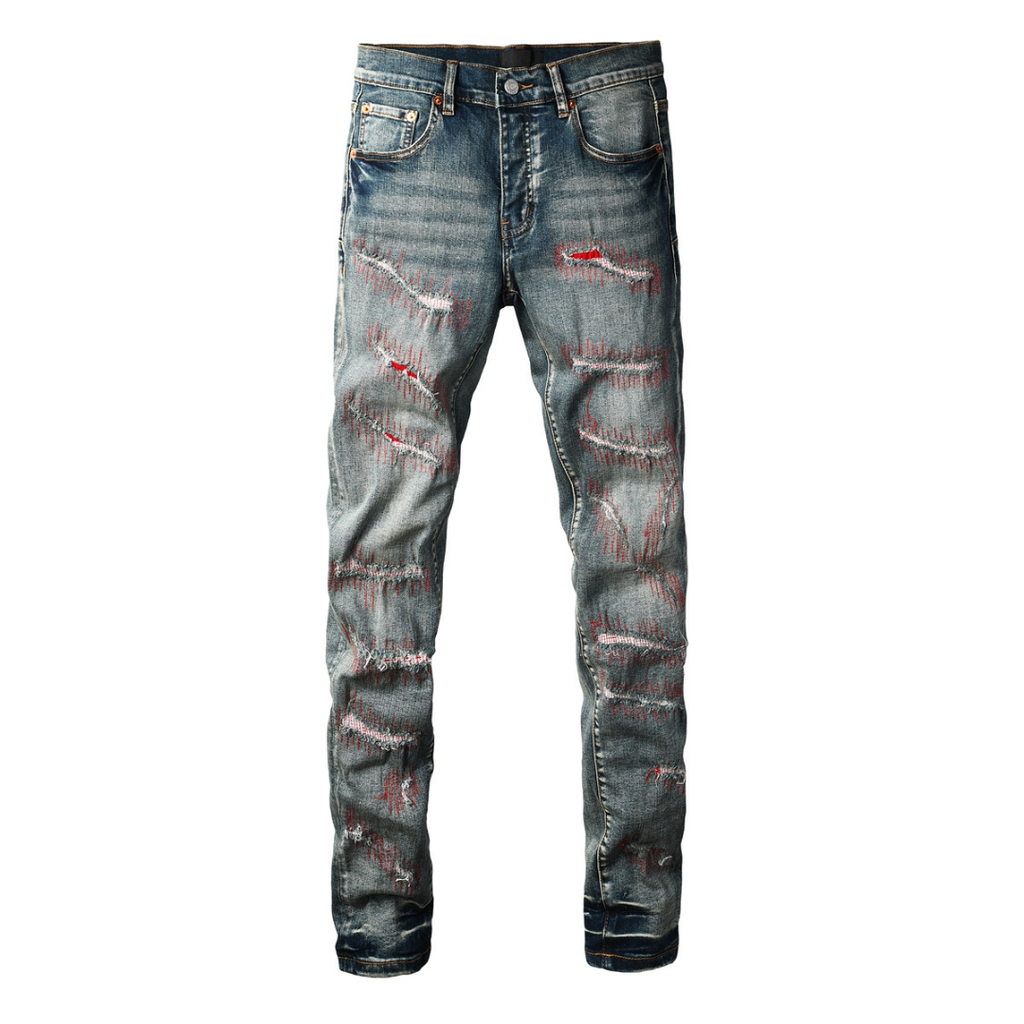 Purple Red Distressed Patch Jeans