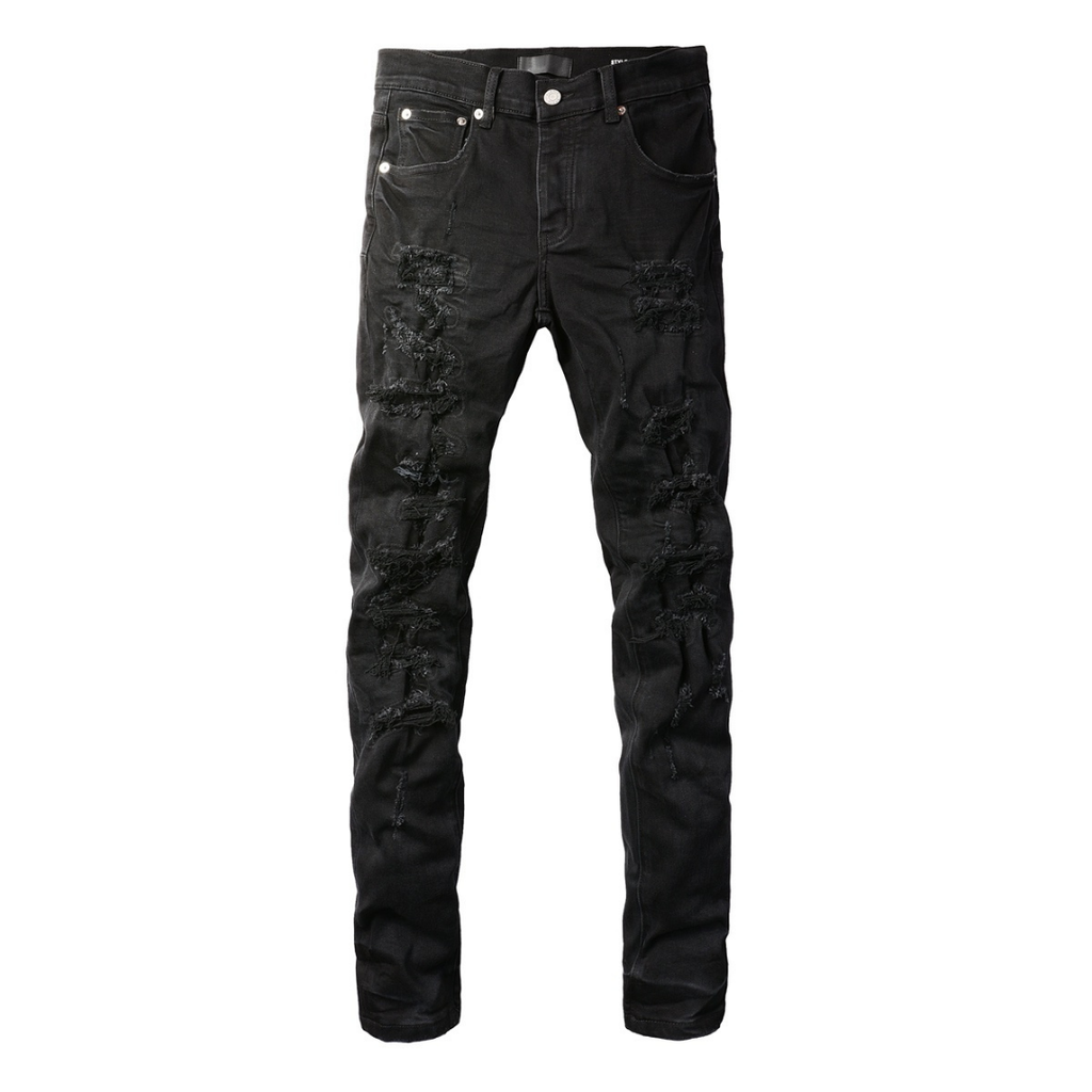 Lila Dreifach Zerrissene Schwarze Jeans